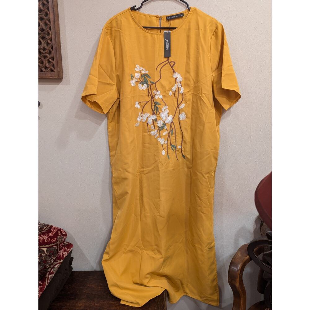 Pretty lightweight gold w/white floral embroidered women's caftan Zanzea size 4X